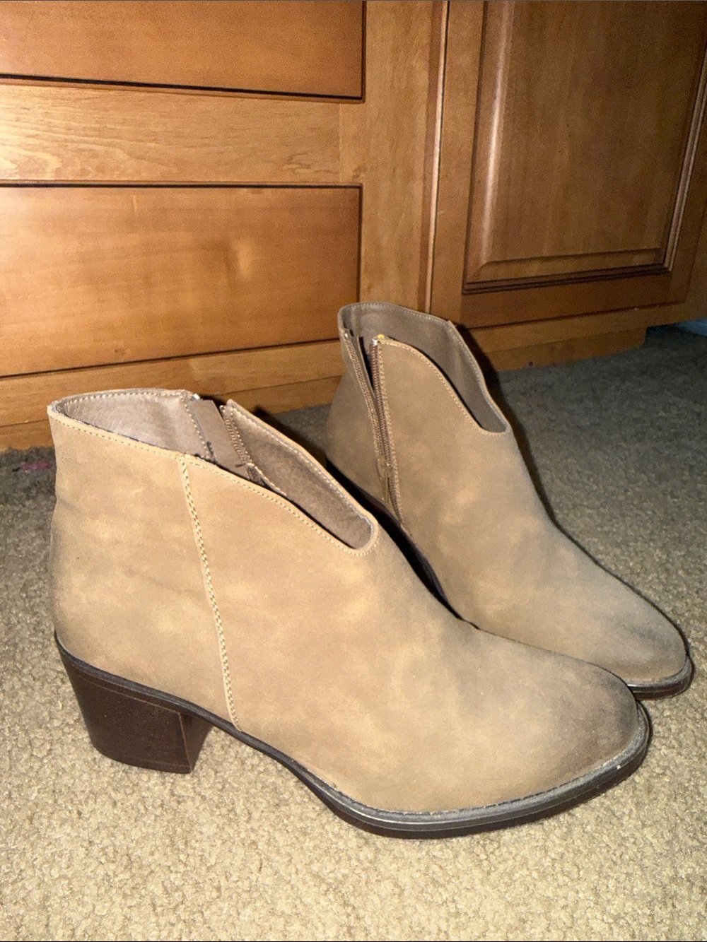 Pierre Dumas Tan Suede Ankle Booties with Block Heel